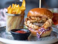 chips hamburger and ketchup