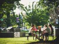 three women sitting on benches