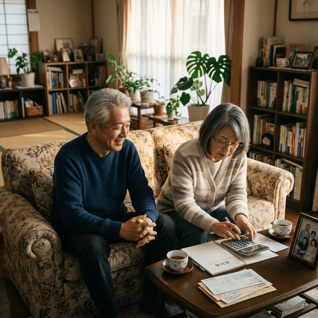 Elderly couple sitting on a floral sofa reviewing bills with calculator and notebook on table